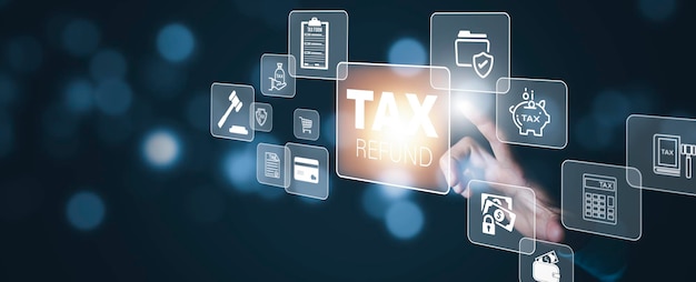 バー TAX REFUND と関税課税ビジネス グラフとチャートの画面メディア タブレット pc に示されているグラフと税の払い戻しを選択する税の払い戻しを手でタッチします。