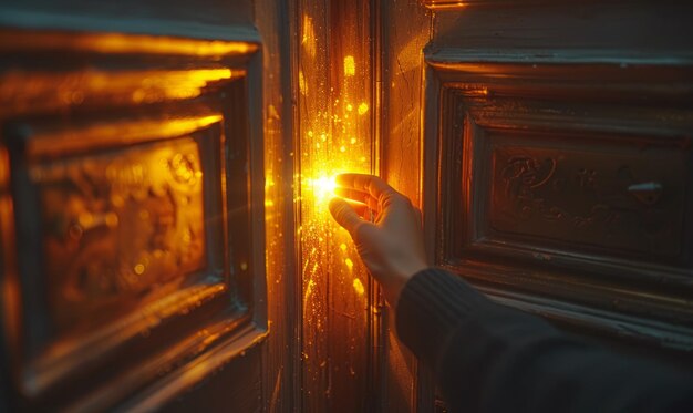 Hand touches glowing golden door