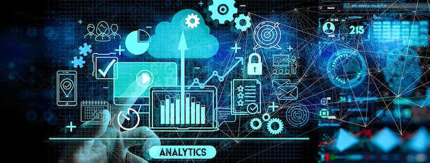 Hand touching Business data analytics process management with KPI financial charts and graph