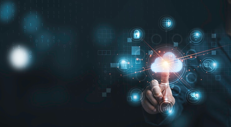 Photo hand touching infographic cloud computing and technology icons , cloud technology is centralise collect lifestyle and confidential information such as internet banking , password and shopping.