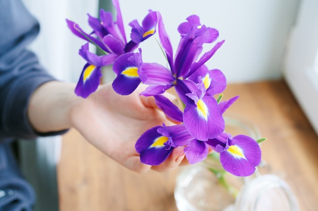 Photo hand touching irises in a vase on windowsill