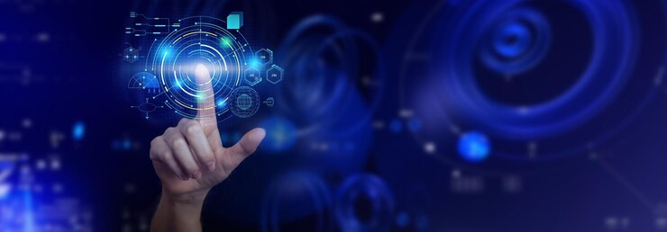メタバースに触れる手。インターネットデジタルトランスフォーメーション、次世代テクノロジー時代、バーチャルリアリティ、ソーシャルメディアプラットフォーム。ビジネスの背景二重露光写真