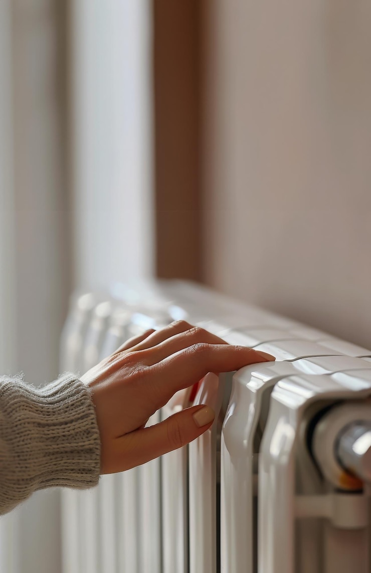 Photo hand touching radiator for warmth indoors in cozy home setting