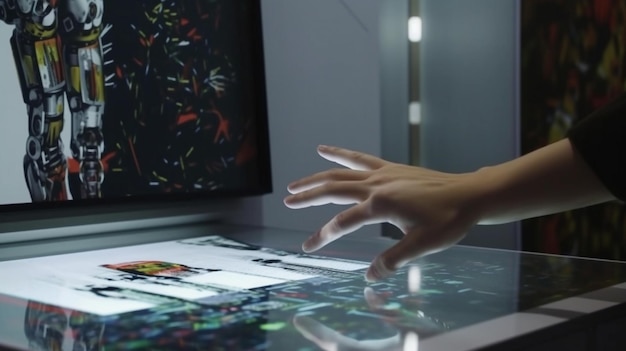 A hand touching the screen to make a robot