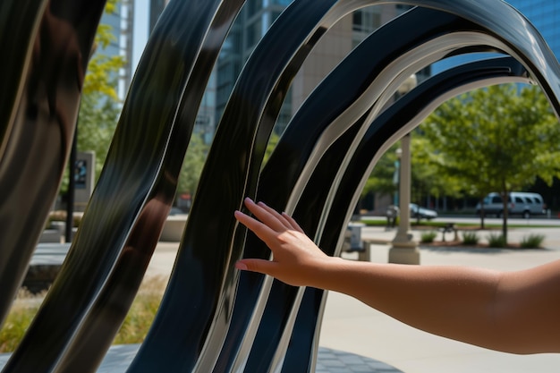 Hand touching sleek curves of metal sculpture in city park