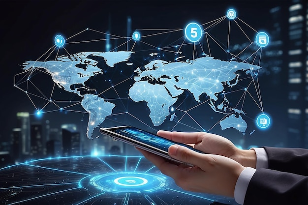 글로벌 비즈니스의 5G LTE 데이터 연결과 함께 통신 네트워크와 무선 모바일 인터넷 기술