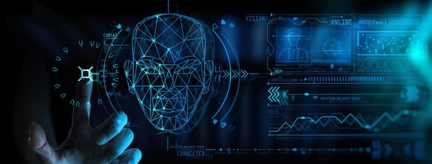 Hand touching UI for Unlocking with face identification Facial recognition concept