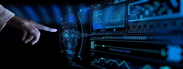 顔識別でロックを解除するための手で触れるUI顔認識の概念