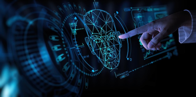 Hand touching UI for Unlocking with face identification Facial recognition concept