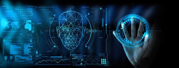 Hand touching UI for Unlocking with face identification Facial recognition concept