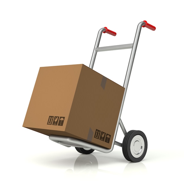 Photo hand truck and cardboard box, 3d rendering