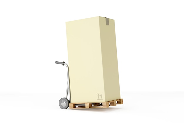 Foto carrello a mano con una grande scatola di carico su pallete su sfondo bianco