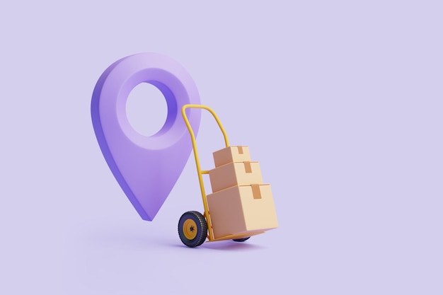 Hand truck with brown cardboard boxes and violet location pointer on lilac background 3D render