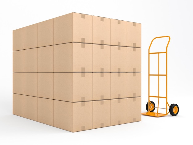 Hand Truck with stack of cardbord boxes, 3d rendering