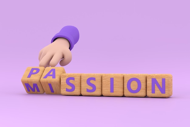 Hand turns dice and changes the word passion to mission