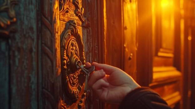 Hand unlocking the door with a key