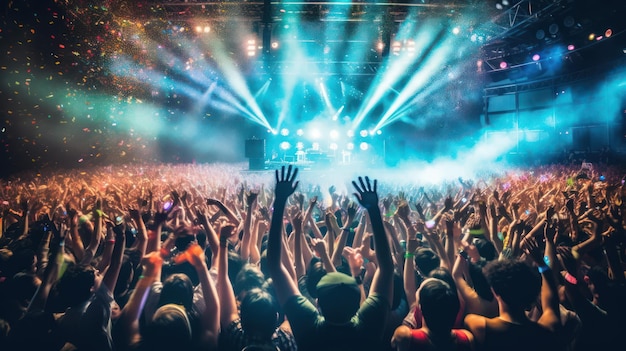 Hand up crowd of people dancing at concert