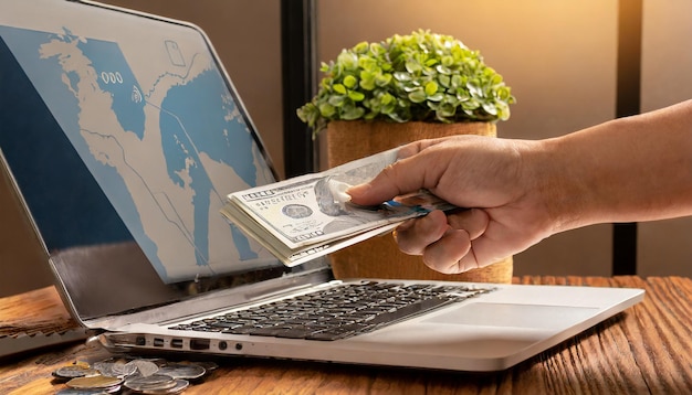 Photo hand use the laptop to pay online for bill payment