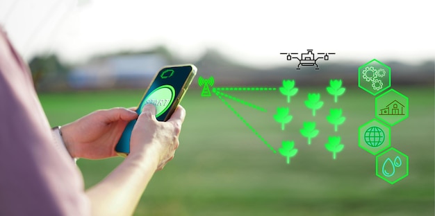 写真 スマートフォンを使って人工知能 (ai) をコントロールする システム水とドローンによるインターネット接続によるスマートファームの管理