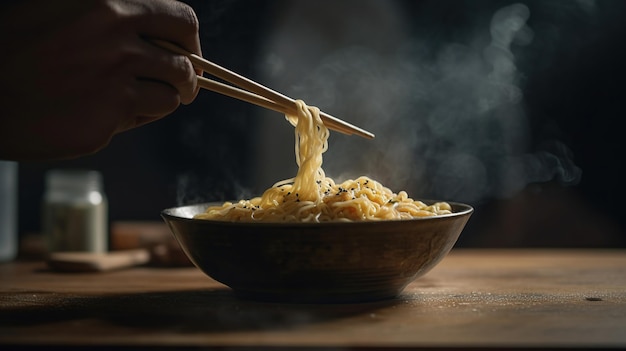 Hand uses chopsticks to pickup tasty noodles with steam and smoke in bowl on wooden background selective focus Asian meal on a table junk food concept generative ai