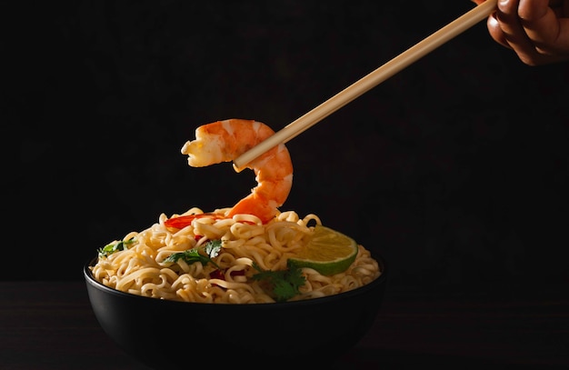 Photo hand using chopsticks pickup instant noodles with smokes isolated on black background.