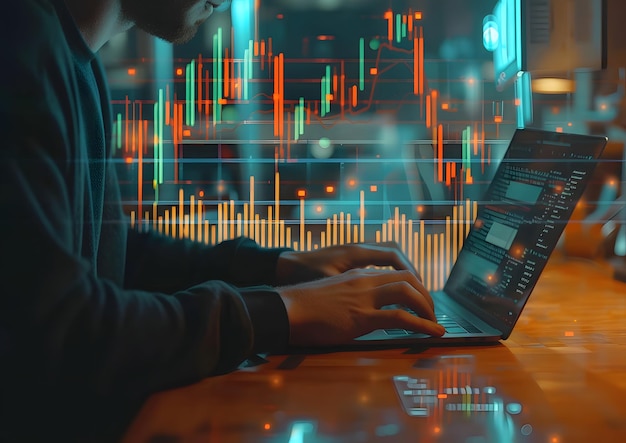 Photo hand using computer for trading with technical stock graph hologram