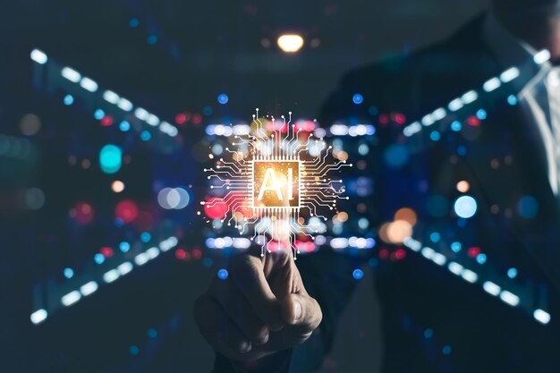 hand using digital artificial intelligence icon hologram new technology big data and business process strategy