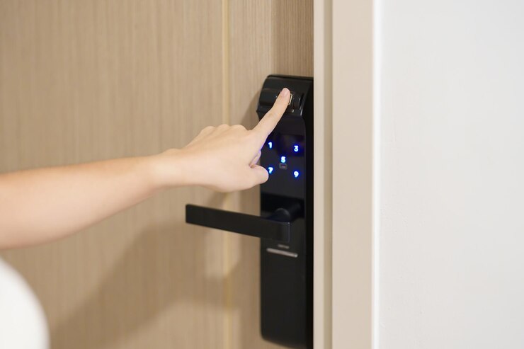 Hand using fingerprint scan for smart digital door lod contactless lifestyle concepts