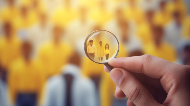 A hand using a magnifying glass to examine a crowd of people