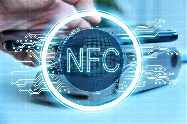 nfc 기술로 결제하기 위해 휴대전화를 사용하는 손