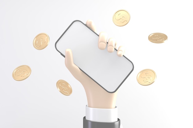 Hand using mobile phones and coins spread out on white background .3D rendering