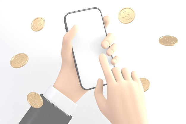 Hand using mobile phones and coins spread out on white background .3D rendering