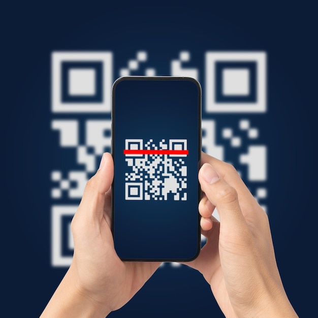 Hand using mobile smart phone scan Qr code Barcode reader Qr code payment Cashless technology Digital money concept