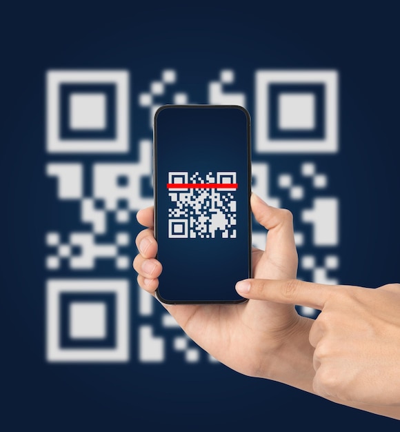 모바일 스마트 폰 스캔 Qr 코드 바코드 리더 Qr 코드 지불 현금 없는 기술 디지털 화폐 개념을 사용하는 손