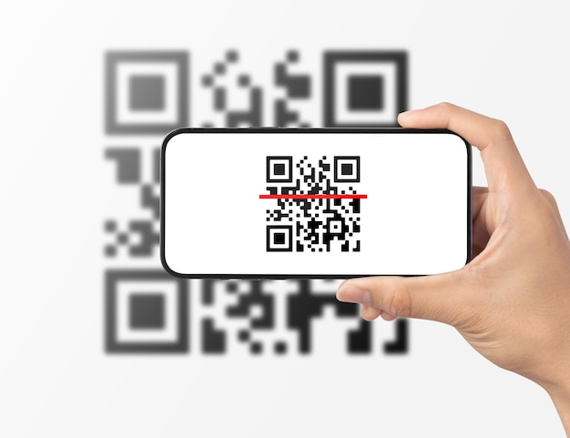 Рука с помощью сканирования мобильного смартфона Qr-код Сканер штрих-кода Qr-код Оплата Безналичная технология Концепция цифровых денег