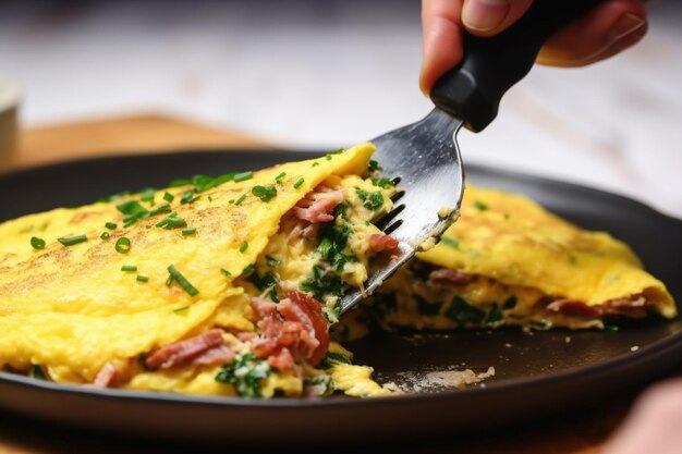 Photo hand using a spatula to flip a fluffy omelette