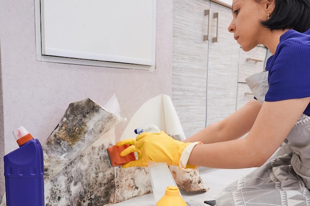 Hand van de huishoudster met handschoenreinigingsvorm van muur met spons en spuitfles