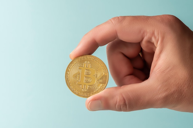 Foto hand van de man houdt bitcoin cryptocurrency gouden munt op blauwe achtergrond minimaal beleggen concept