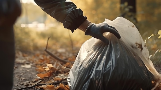 Foto hand van de mens die fles oppakt in vuilniszakken tijdens het schoonmaken van het gebied in het park generatieve ai