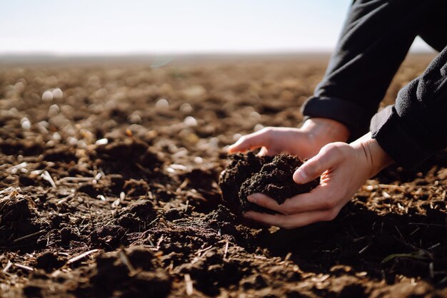 Hand van deskundige boer verzamelt grond Boer controleert bodemkwaliteit voordat hij zaait Ecologieconcept