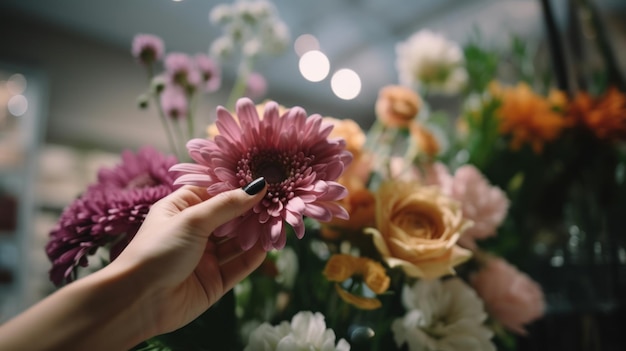 Foto hand van dichtbij een bloem aanraken