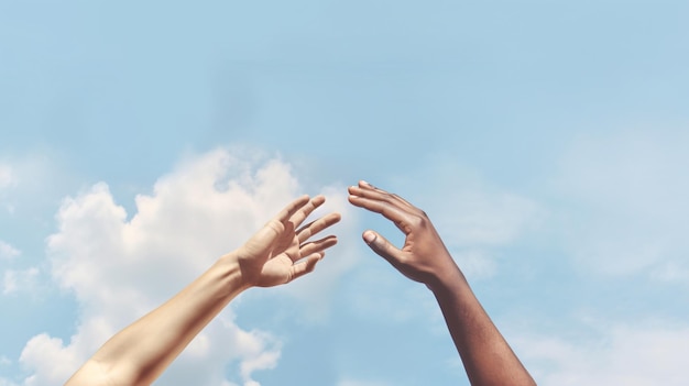 hand van diverse 3 mensen die zich verbinden tegen de blauwe lucht