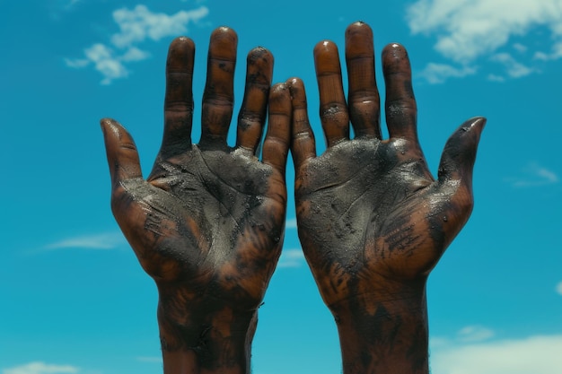 Hand van een anonieme zwarte man en vrouw tegen een blauwe hemel.