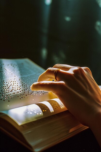 Hand van een blinde die een boek in het braille-systeem leest