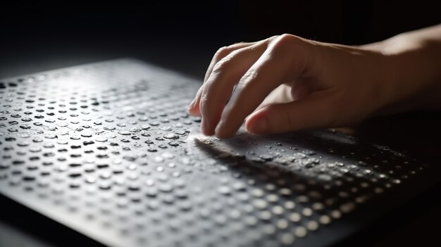 Foto hand van een blinde die wat brailletekst leest en het reliëf aanraakt generatieve ai