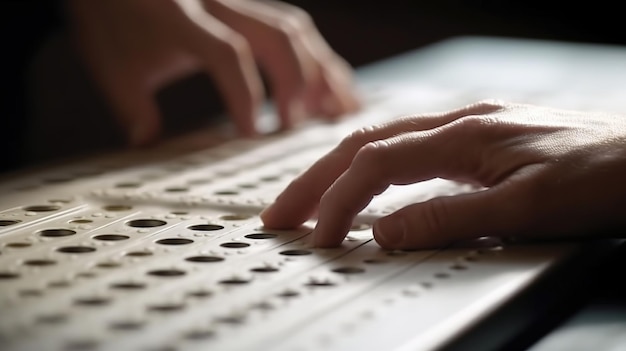 Hand van een blinde persoon die brailletekst leest en het reliëf aanraakt Generatieve ai