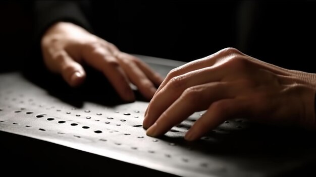 Foto hand van een blinde persoon die brailletekst leest en het reliëf aanraakt generatieve ai