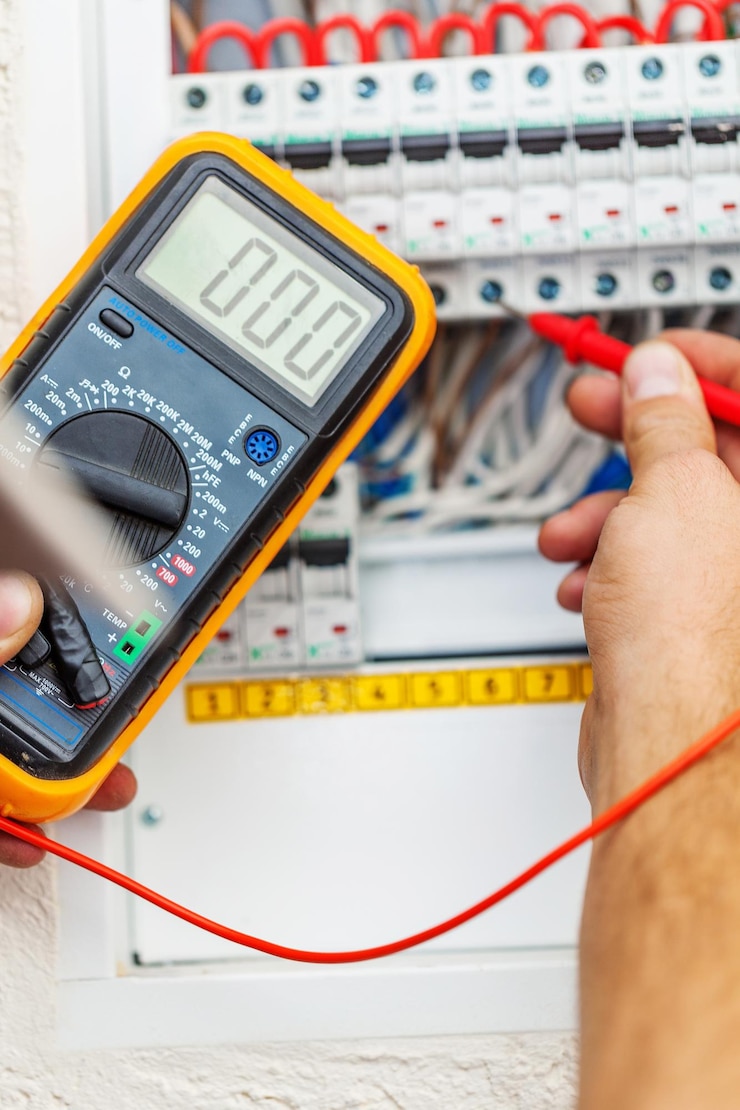 Foto hand van een elektricien met multimetersonde bij een elektrische schakelkast