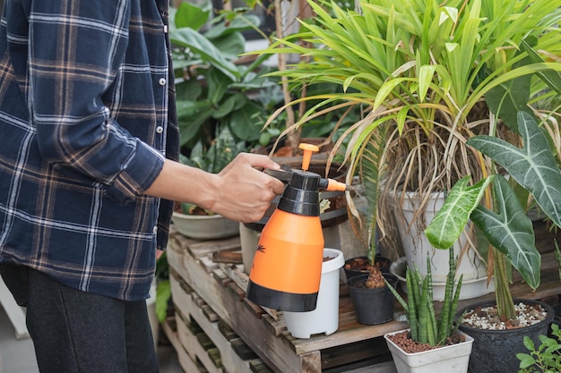 Hand van een jonge aziatische man-tuinman houdt een watersproeier vast om de planten water te geven met een spray in de zon van vrije tijdactiviteiten 's ochtends bij homeapartment Lifestyle hobby mensen concept