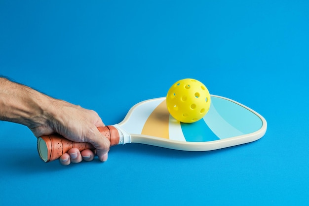 hand van een man die een pickleball peddel vasthoudt met een gele bal bovenaan op een blauwe achtergrond